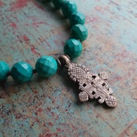 Image 5 of Big + Bold Chunky Southwestern Style Faceted Turquoise Necklace with Antique Silver Relic Cross Pend