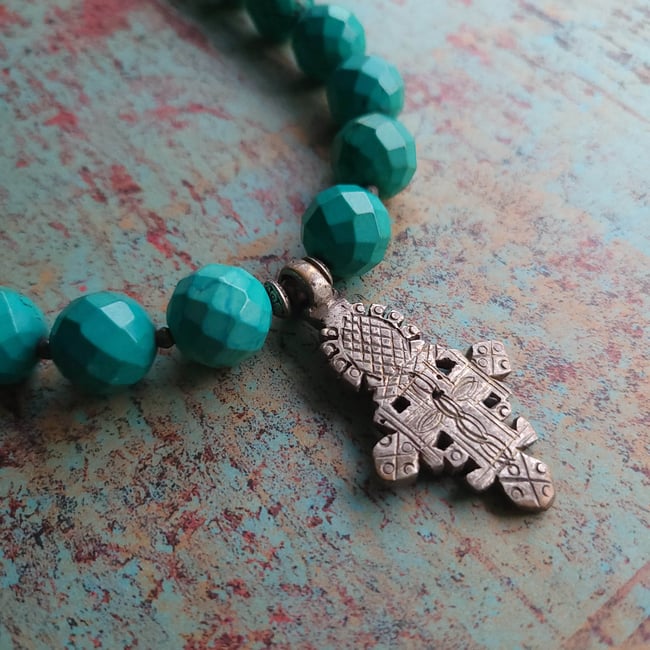 Big + Bold Chunky Southwestern Style Faceted Turquoise Necklace with Antique Silver Relic Cross Pend