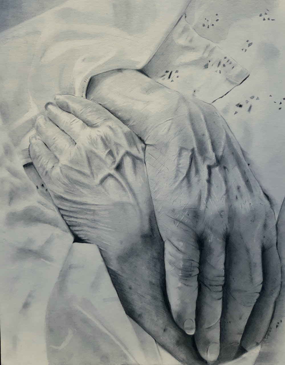Image of Words Remain, original graphite art portrait hands aging 