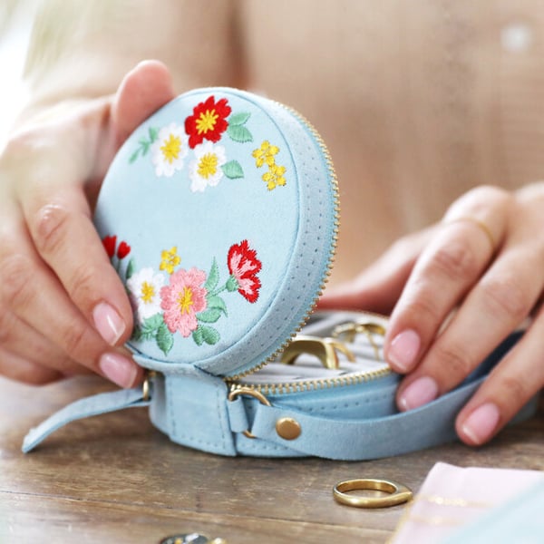 Image of Embroidered Flowers Round Jewellery Case