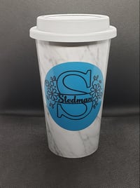 Image 2 of Personalized Name & Initial Letter Monogram w/Flowers Travel Mug