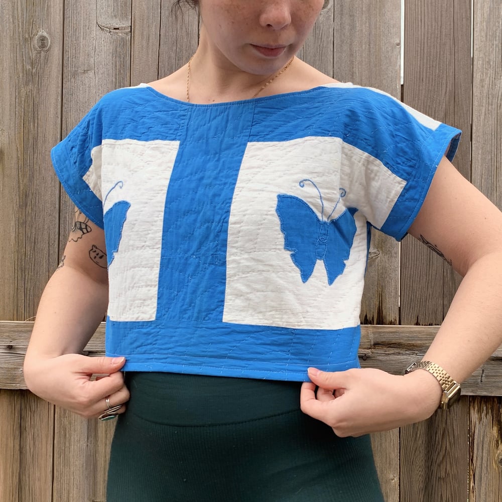 Image of Quilted Crop Top — Blue Butterflies