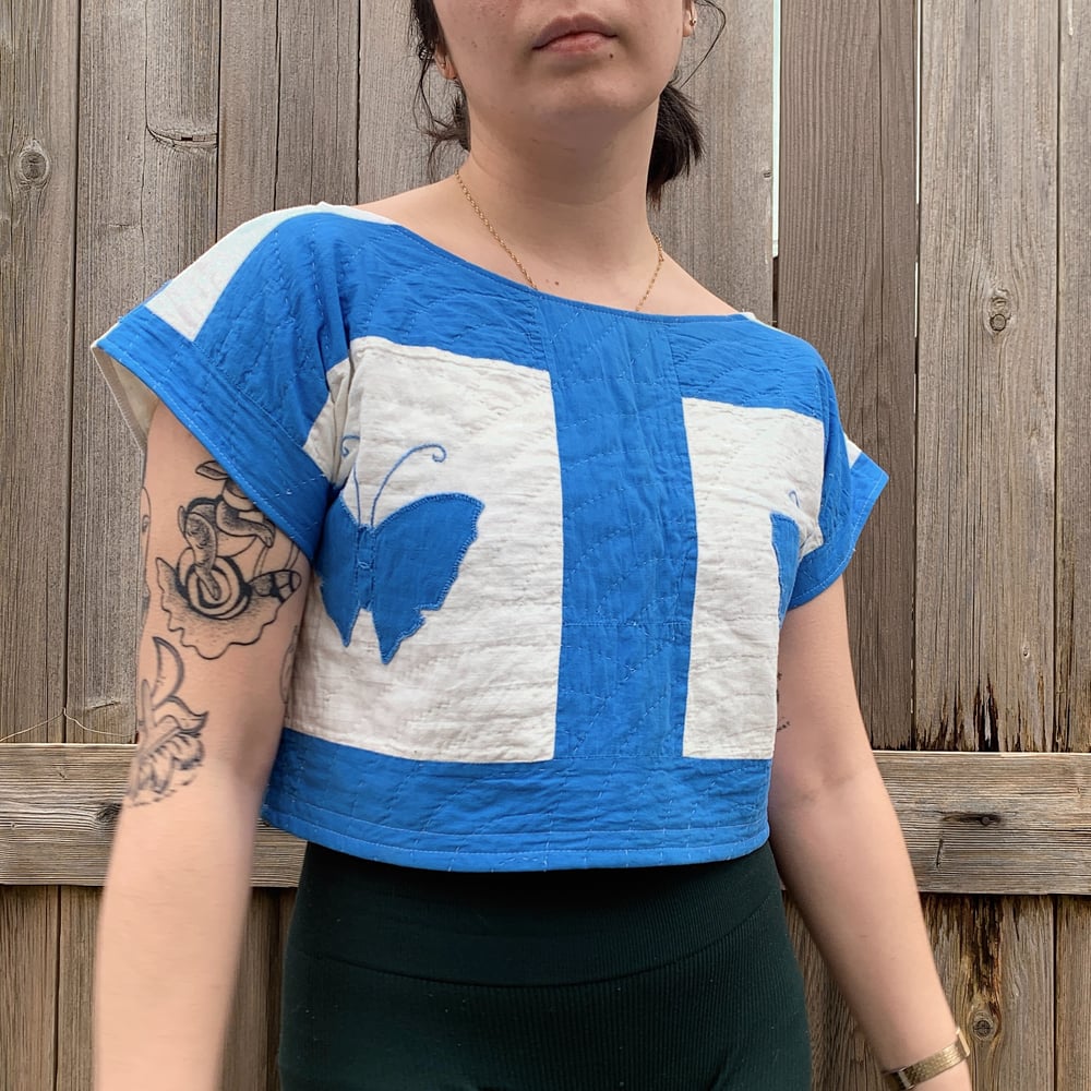 Image of Quilted Crop Top — Blue Butterflies
