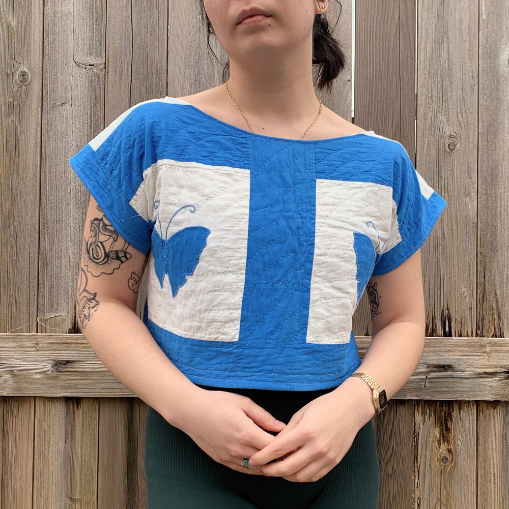 Image of Quilted Crop Top — Blue Butterflies