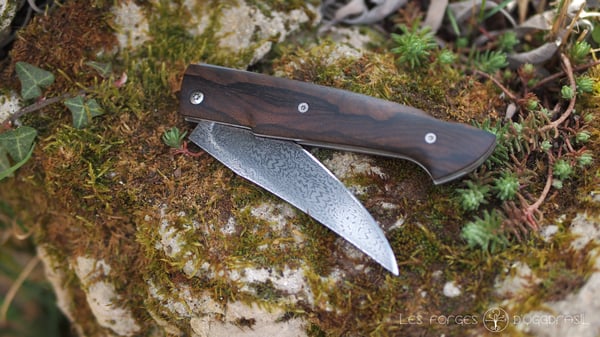 Image of Couteau pliant pompe arrière, lame damas mosaïque