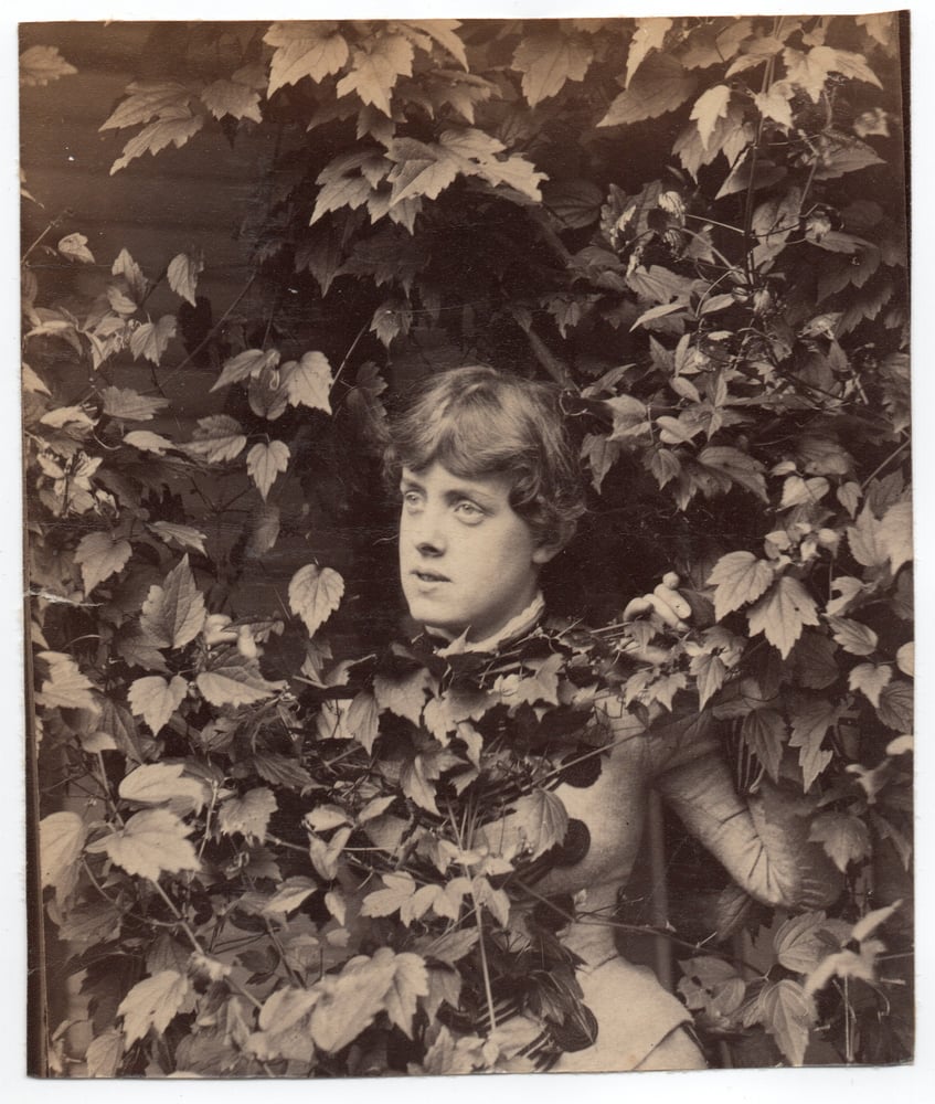 Image of Anonymous: woman hiding in the plants, ca. 1880