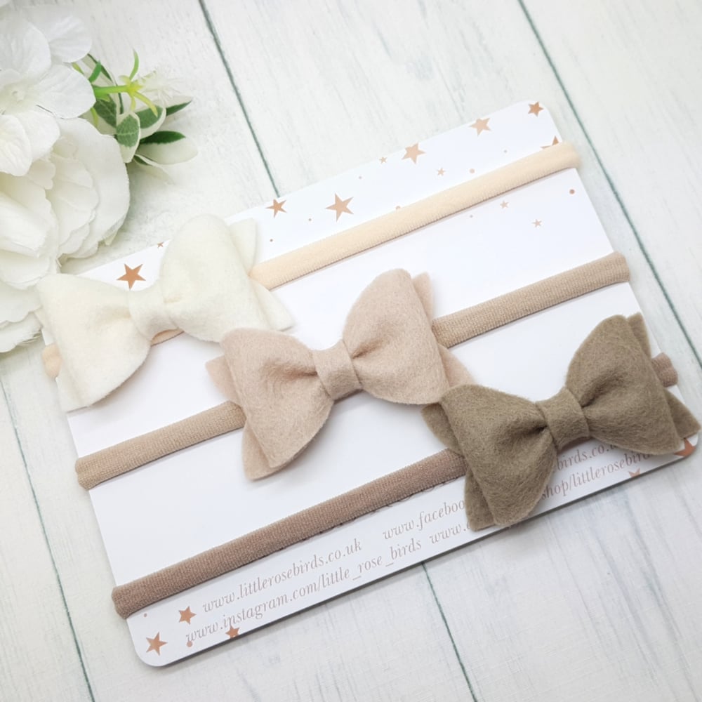 Set of 3 Neutral Pinch Bows - Choice of Headband or Clip