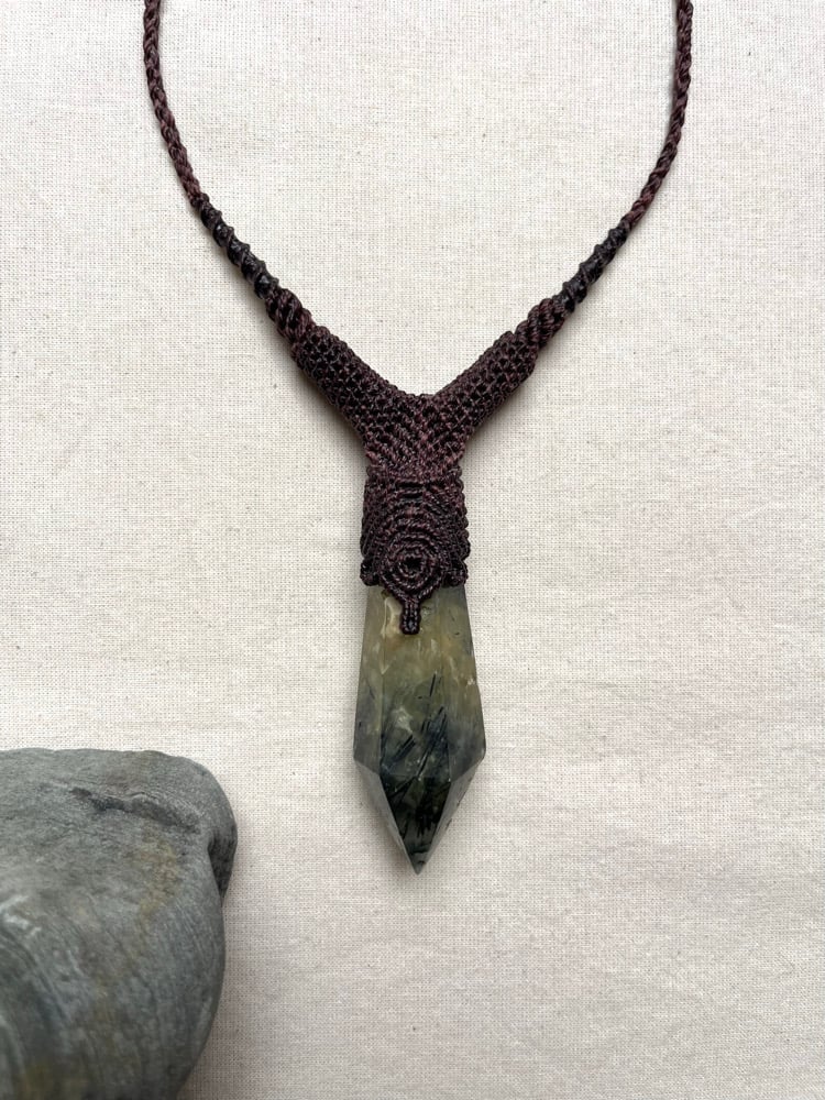 Image of Macrame necklace with tourmalated prehnite 
