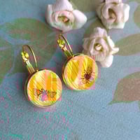 Image 2 of Honey Bees Abuzz Lever Back Earrings – Repurposed Recycled from a Honeycomb Candy Tin