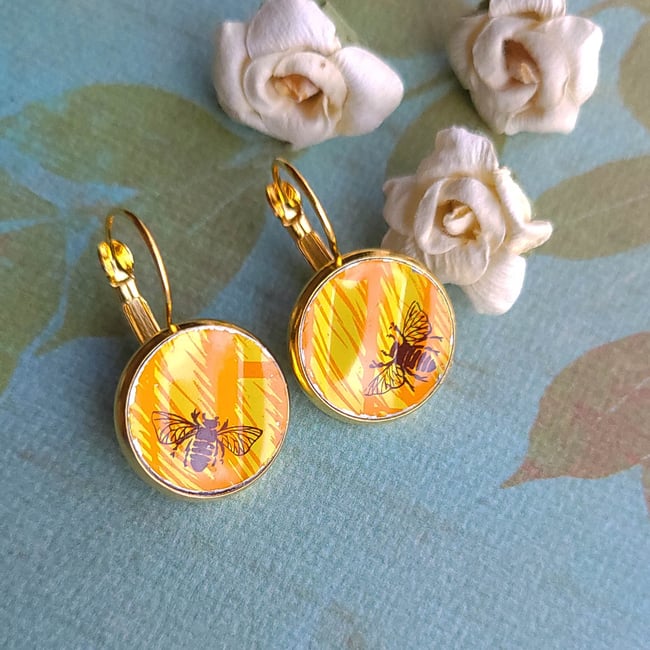 Honey Bees Abuzz Lever Back Earrings – Repurposed Recycled from a Honeycomb Candy Tin