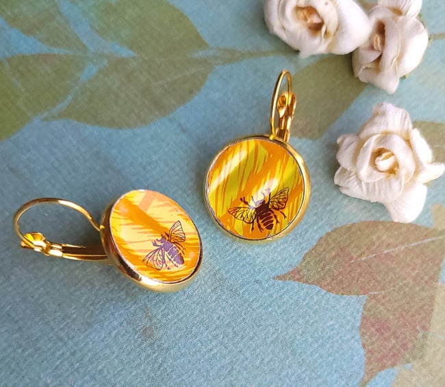 Honey Bees Abuzz Lever Back Earrings – Repurposed Recycled from a Honeycomb Candy Tin