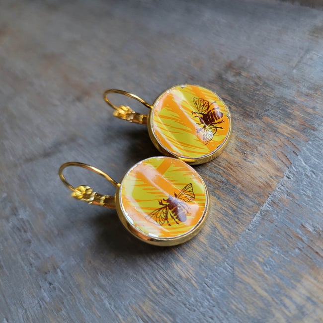 Honey Bees Abuzz Lever Back Earrings – Repurposed Recycled from a Honeycomb Candy Tin