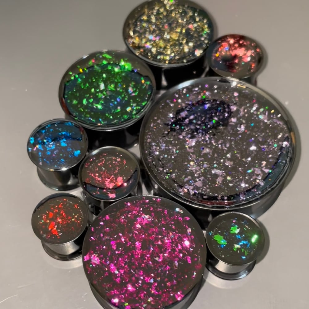 Image of Holographic Colored Flake Plugs (sizes 2g-2”)