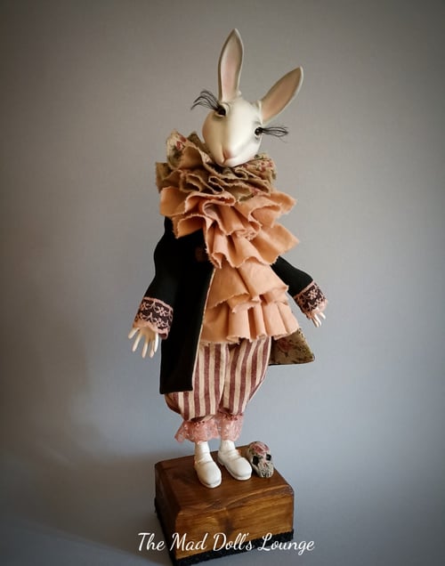 Image of Art Doll Anthropomorphic Bunny rehearsing Hamlet (with skull) on wooden base  14,5 " tall 