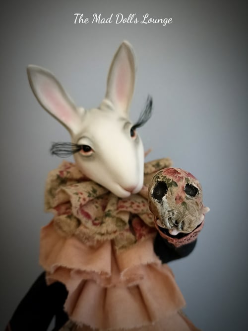 Image of Art Doll Anthropomorphic Bunny rehearsing Hamlet (with skull) on wooden base  14,5 " tall 