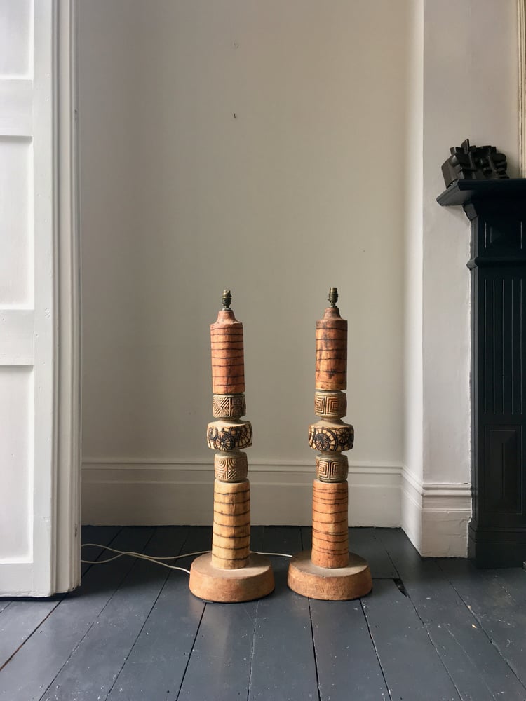 Image of Set of Two Ceramic Totem Floor Lamps by Bernard Rooke, England