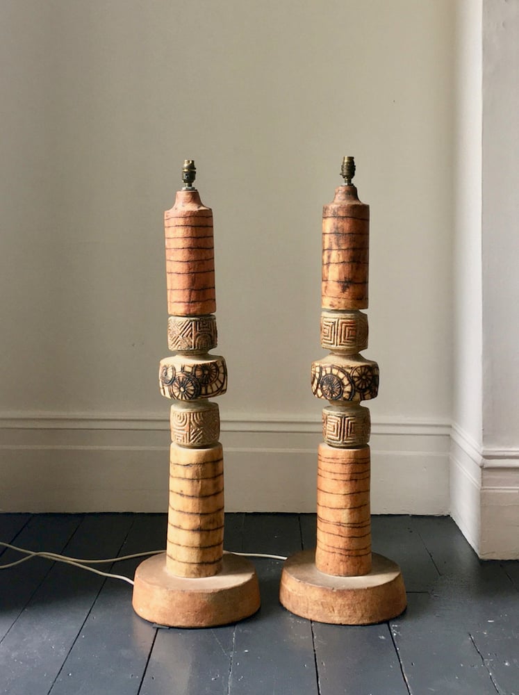 Image of Set of Two Ceramic Totem Floor Lamps by Bernard Rooke, England