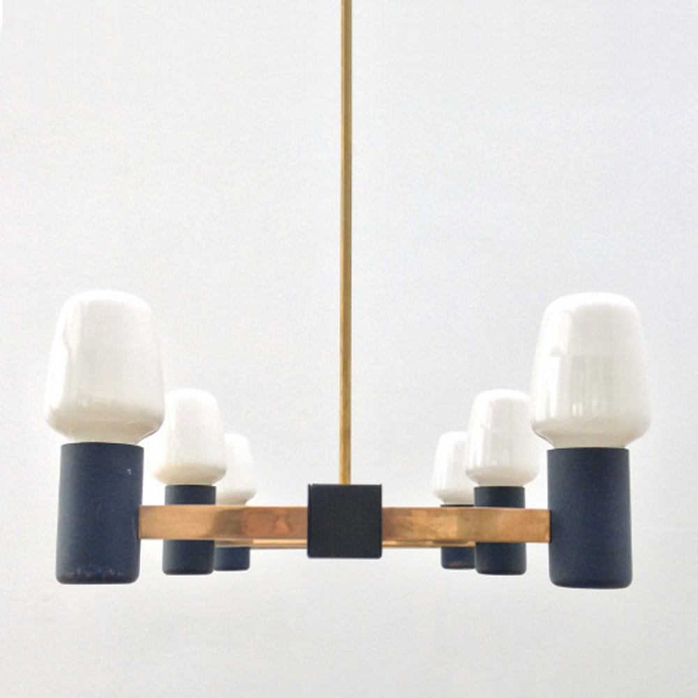 Image of Mid-Century Architectural Chandelier with Brass Details