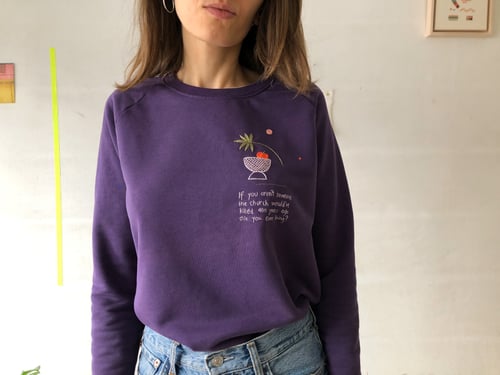 Image of Judgy sweatshirt - upcycled, hand embroidered, one of a kind. Size Small Medium