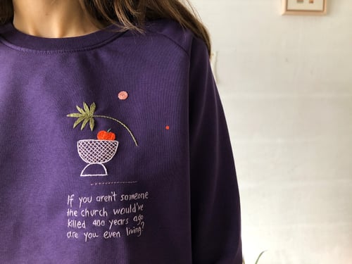 Image of Judgy sweatshirt - upcycled, hand embroidered, one of a kind. Size Small Medium