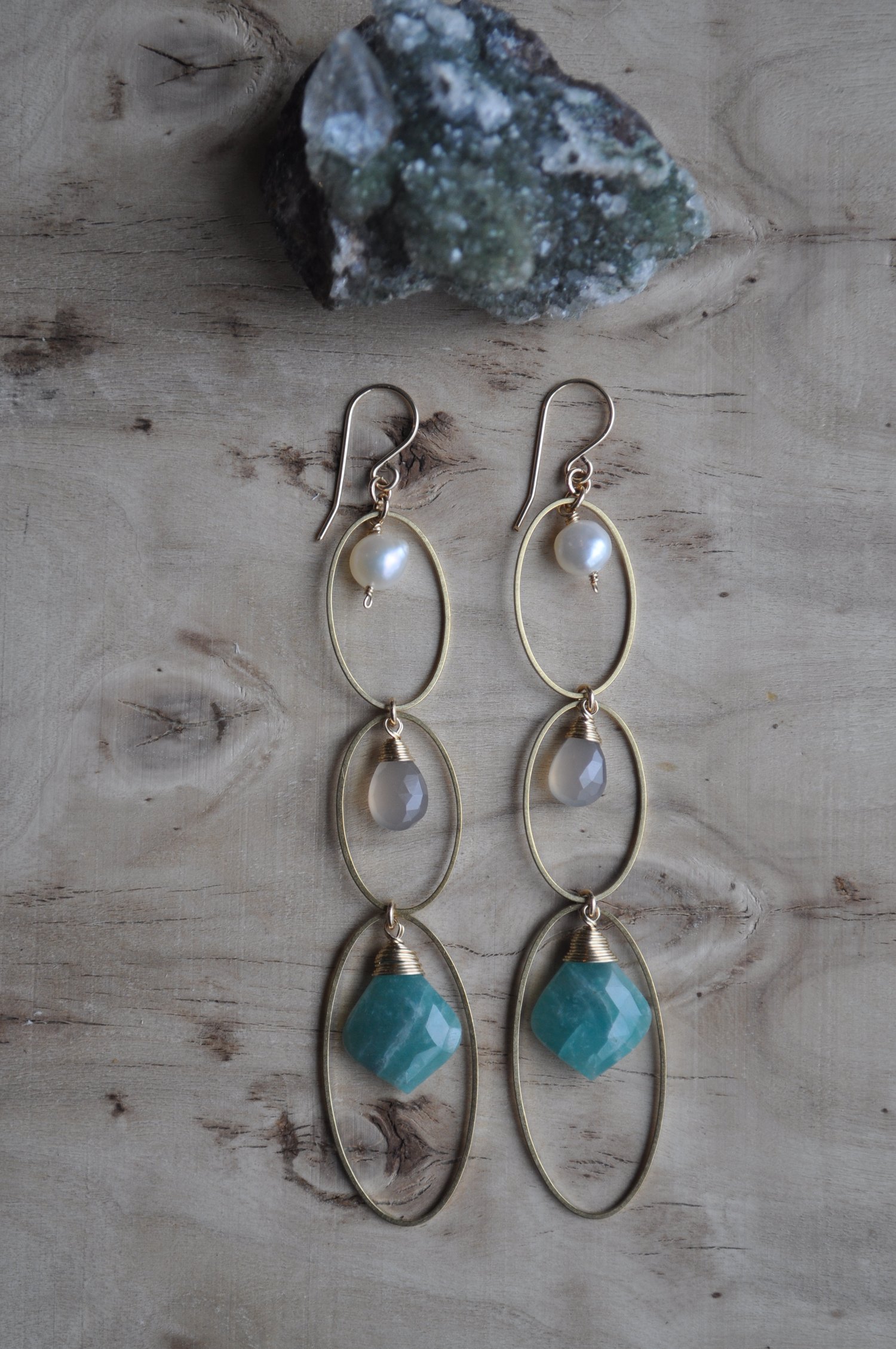 Image of Triple Oval Dangles in Freshwater Pearl, Gray Chalcedony and Amazonite