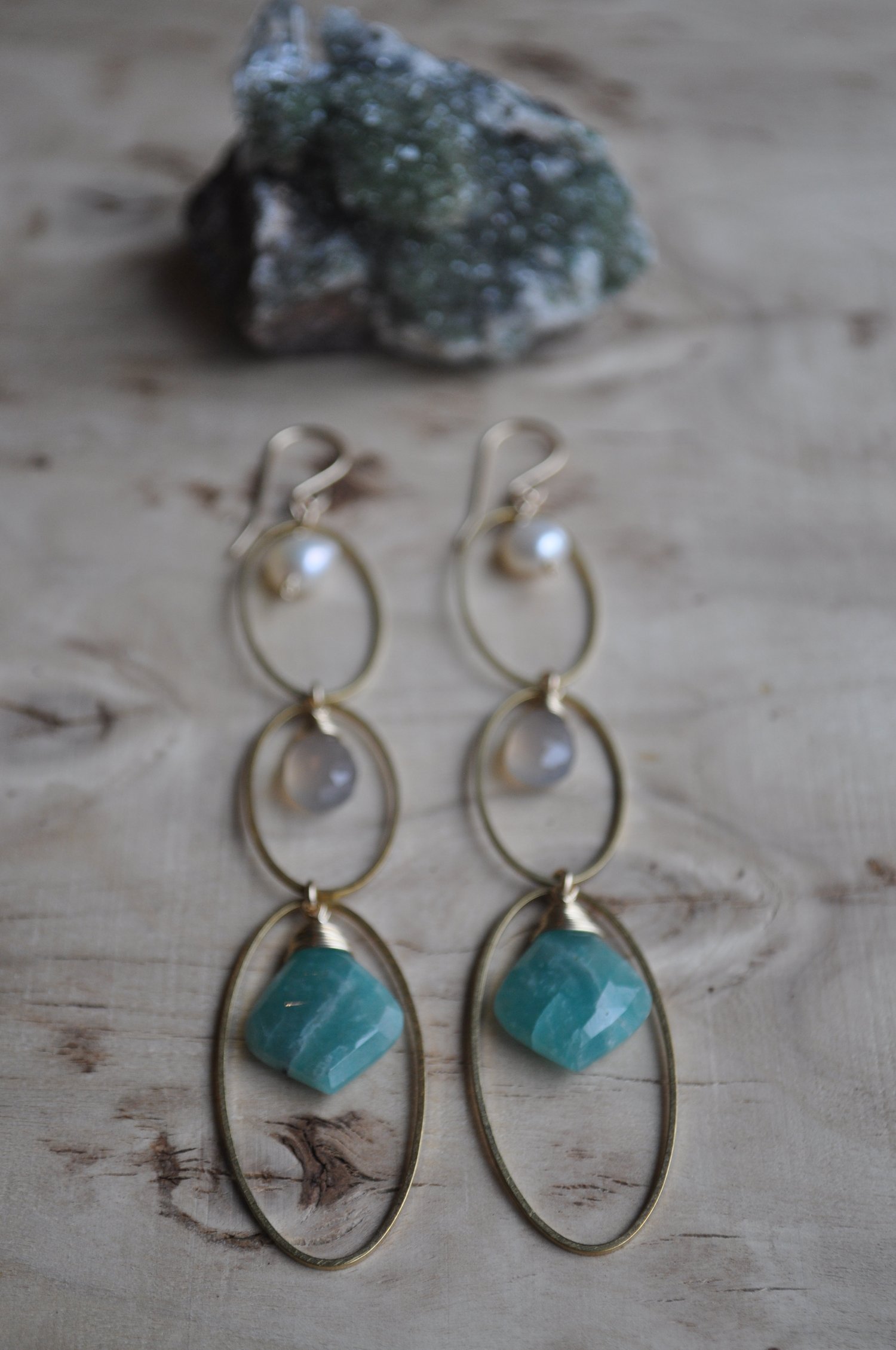 Image of Triple Oval Dangles in Freshwater Pearl, Gray Chalcedony and Amazonite