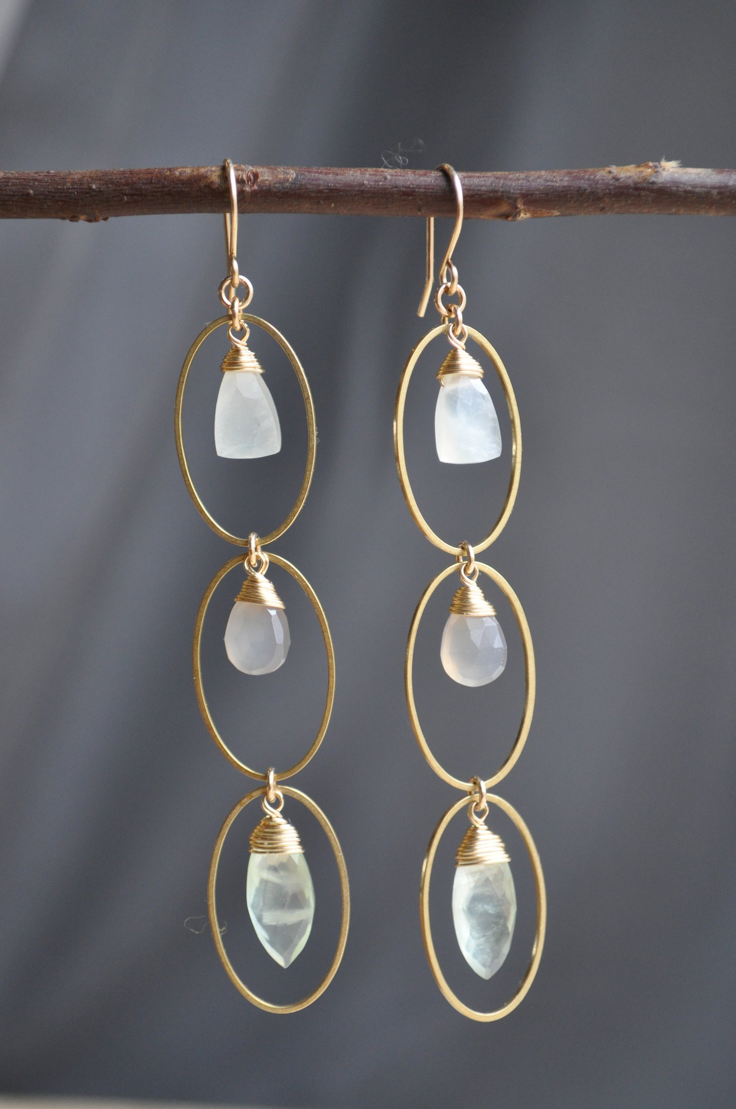 Image of Triple Oval Dangles in Moonstone, Gray Chalcedony and Prehnite