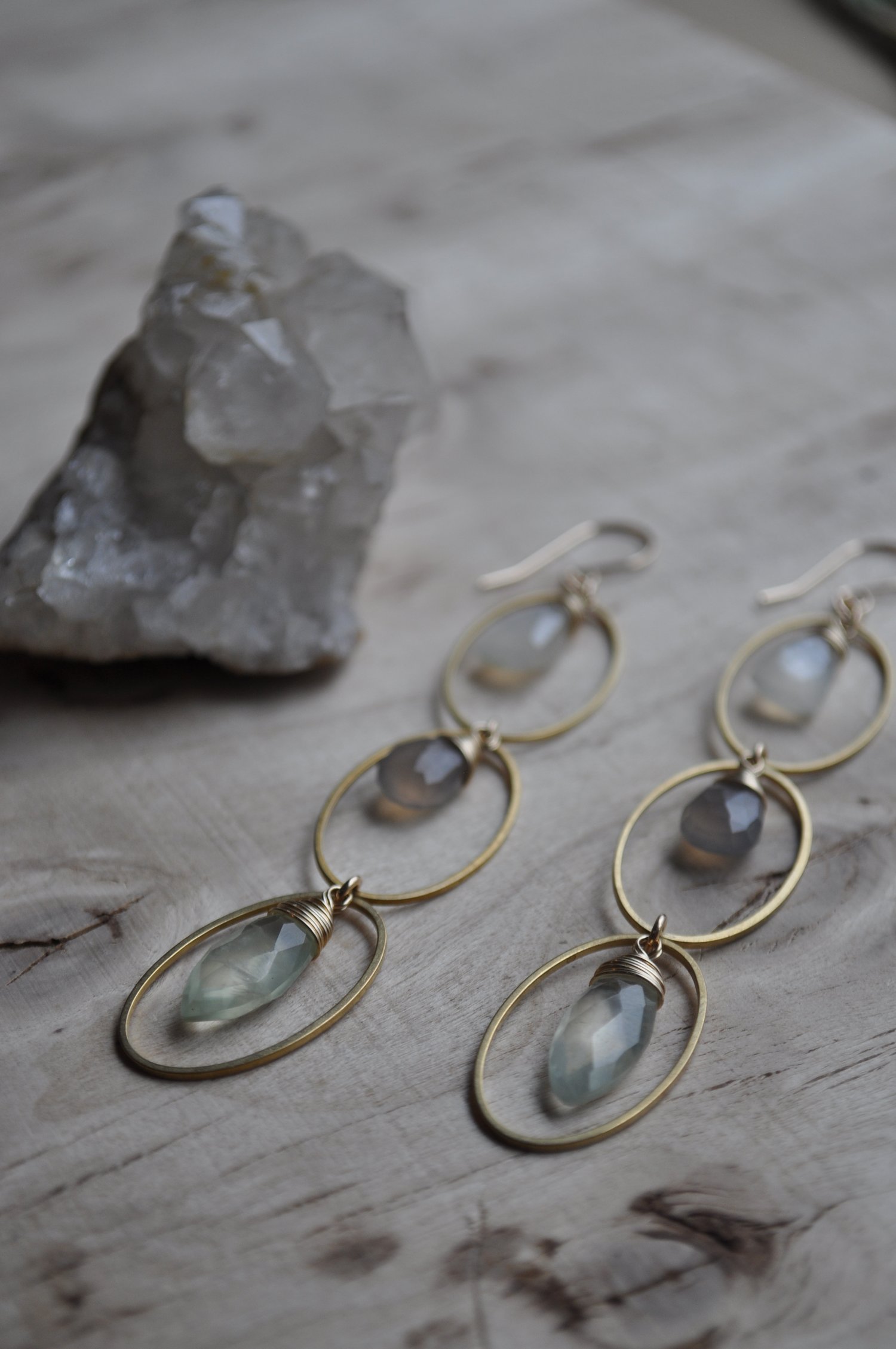 Image of Triple Oval Dangles in Moonstone, Gray Chalcedony and Prehnite