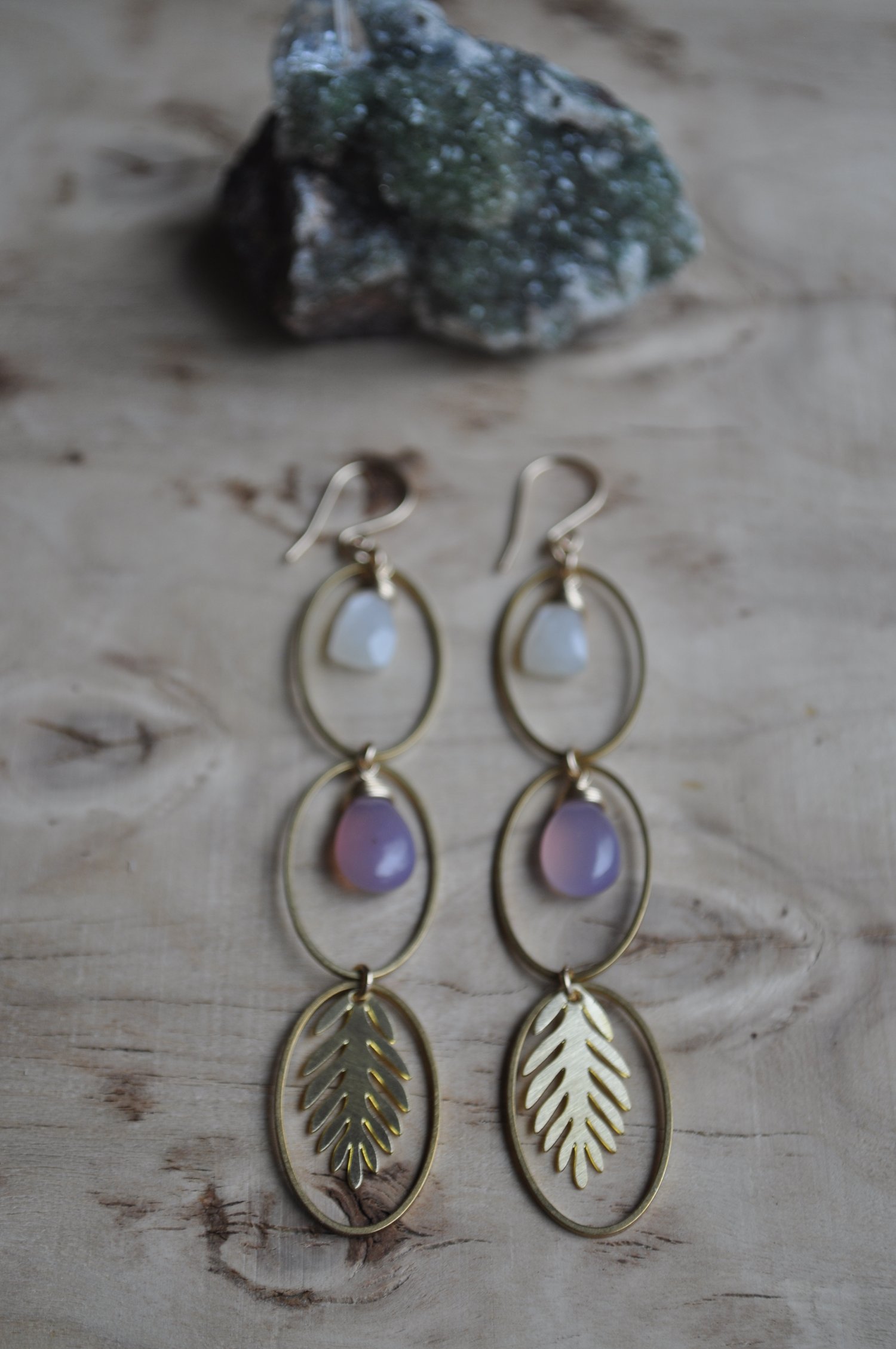 Image of Triple Oval Dangles in Lavender Chalcedony, Moonstone and Leaves