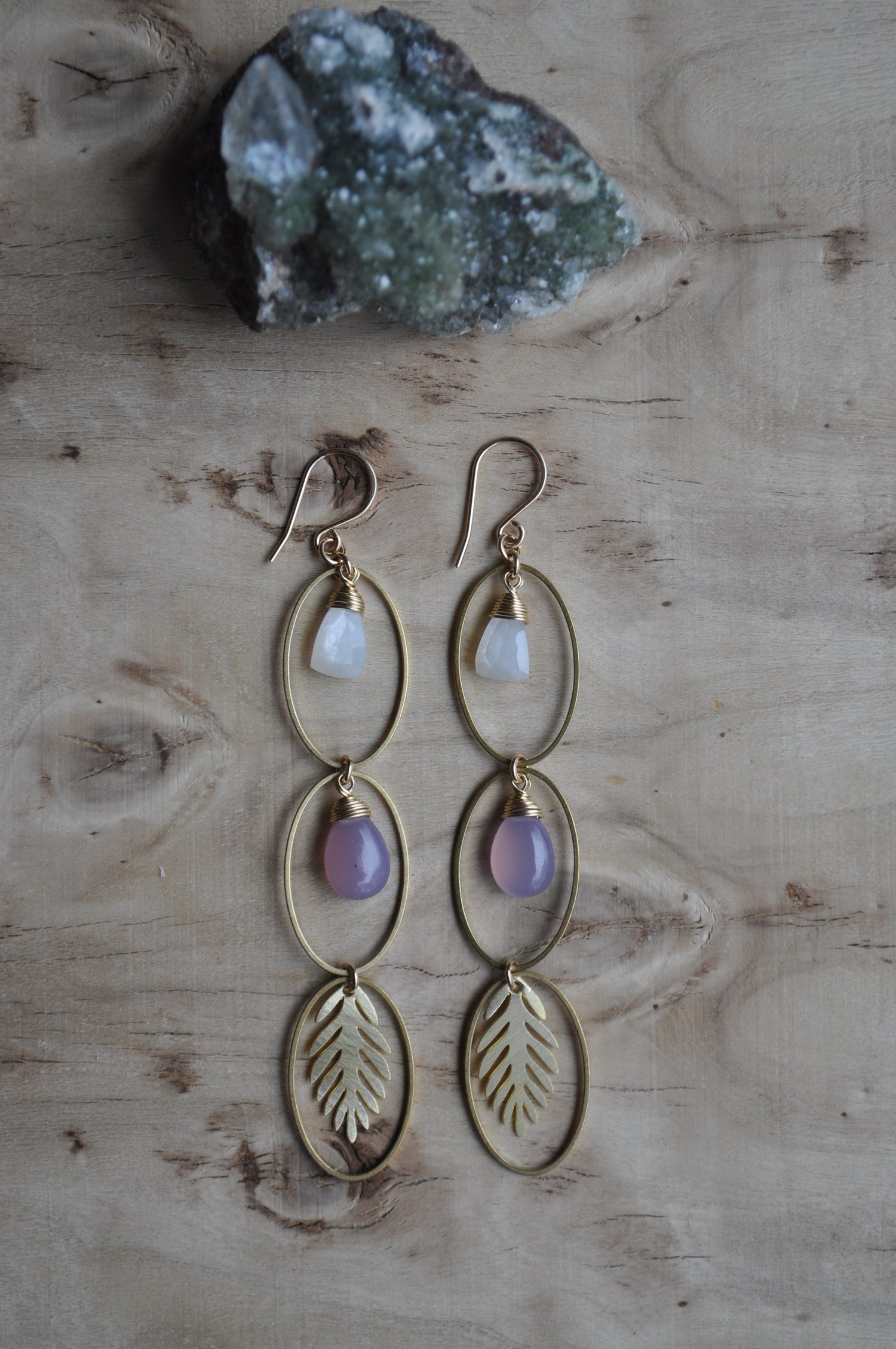 Image of Triple Oval Dangles in Lavender Chalcedony, Moonstone and Leaves
