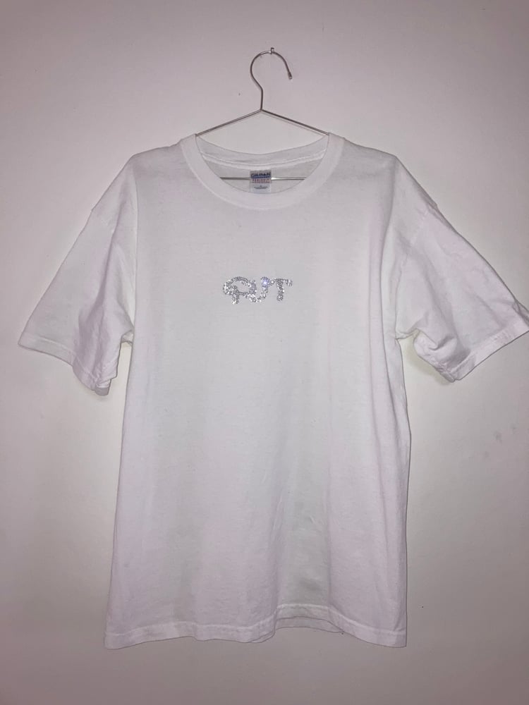 Image of Upcycled GUT rhinestone logo one-off T-shirt in White
