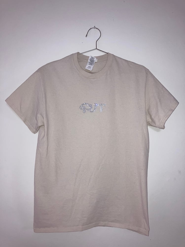 Image of Upcycled GUT rhinestone one-off T-shirt in Taupe