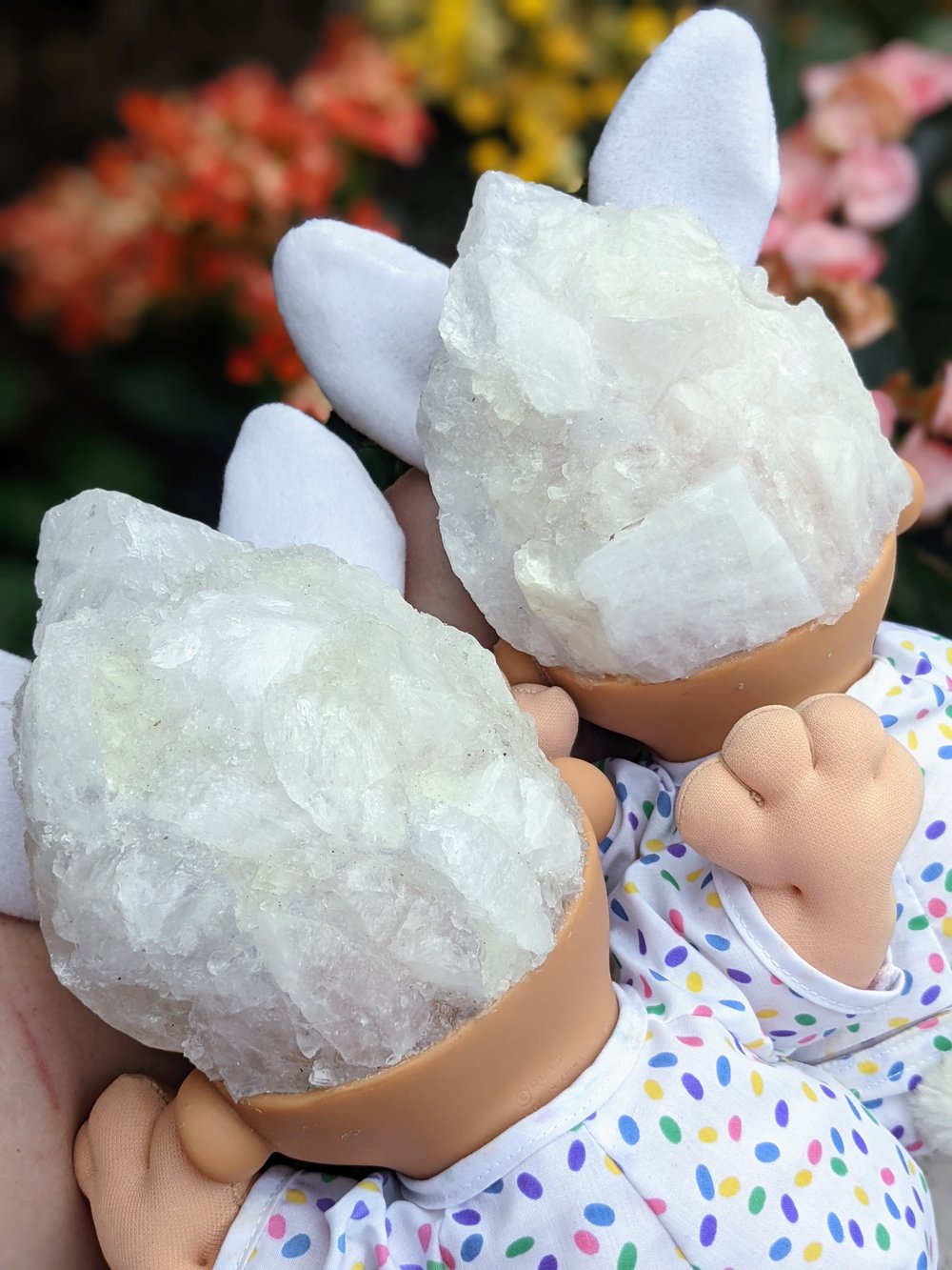Rare XL Quartz Crystal Polka Dot Bunny Troll  with Daisy crown 11"