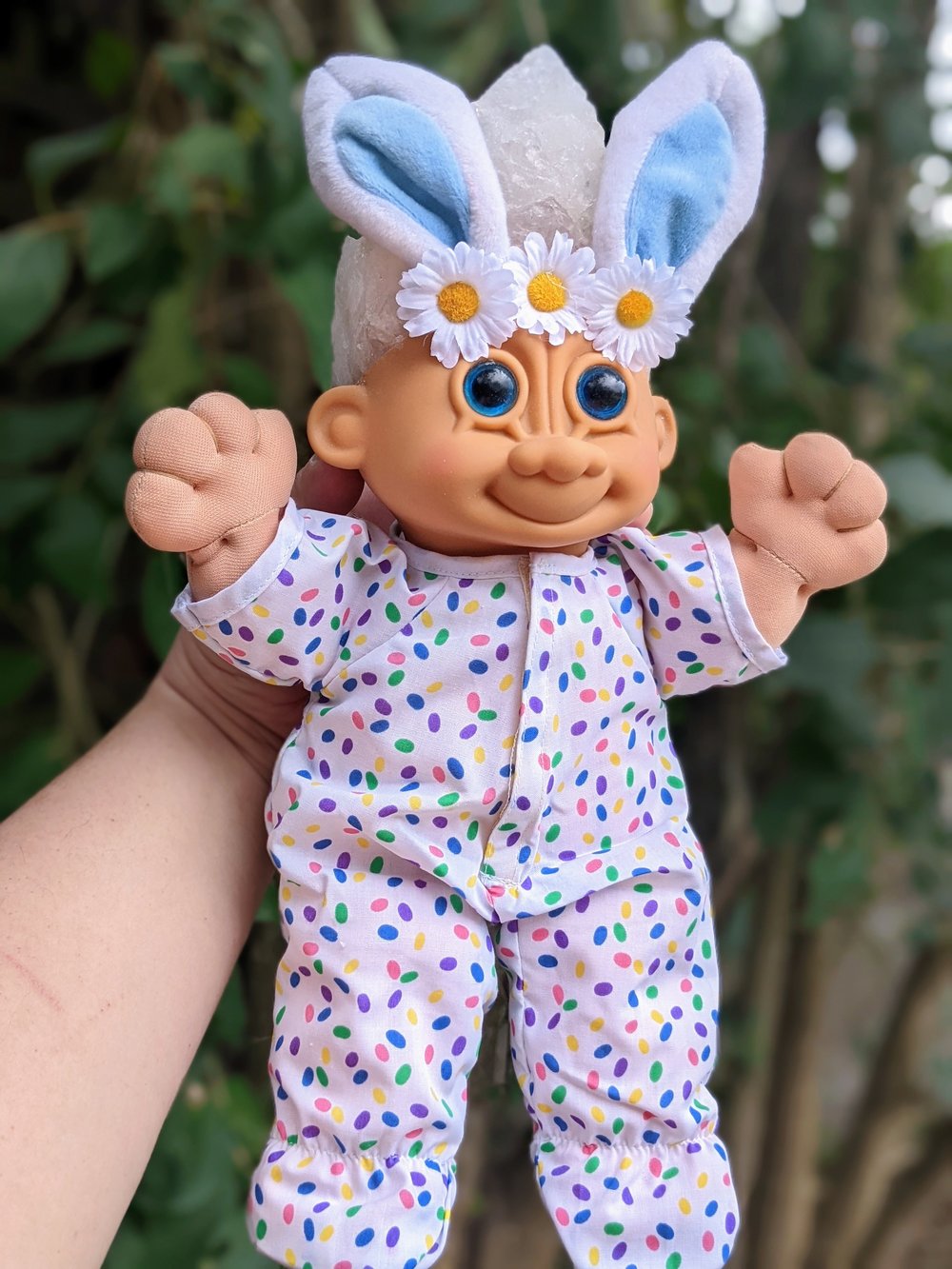 Rare XL Quartz Crystal Polka Dot Bunny Troll  with Daisy crown 11"