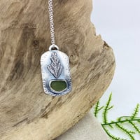 Image 2 of Sterling Silver Bezeled Moss Green Sea Glass w/Casted Cedar Leaf and Silver Chain