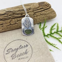Image 1 of Sterling Silver Bezeled Moss Green Sea Glass w/Casted Cedar Leaf and Silver Chain