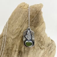 Image 3 of Sterling Silver Bezeled Moss Green Sea Glass w/Casted Cedar Leaf and Silver Chain