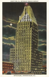 Image 1 of Moon Over Reynolds Building Winston-Salem Postcard