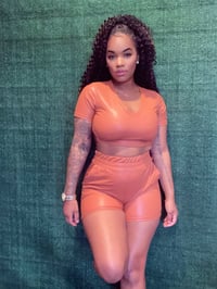 Image 1 of Ready for Brunch (faux leather 2pc shorts set) (dark caramel)