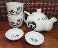 Image 1 of Alice in Wonderland Cheshire cat We're all mad here tea set