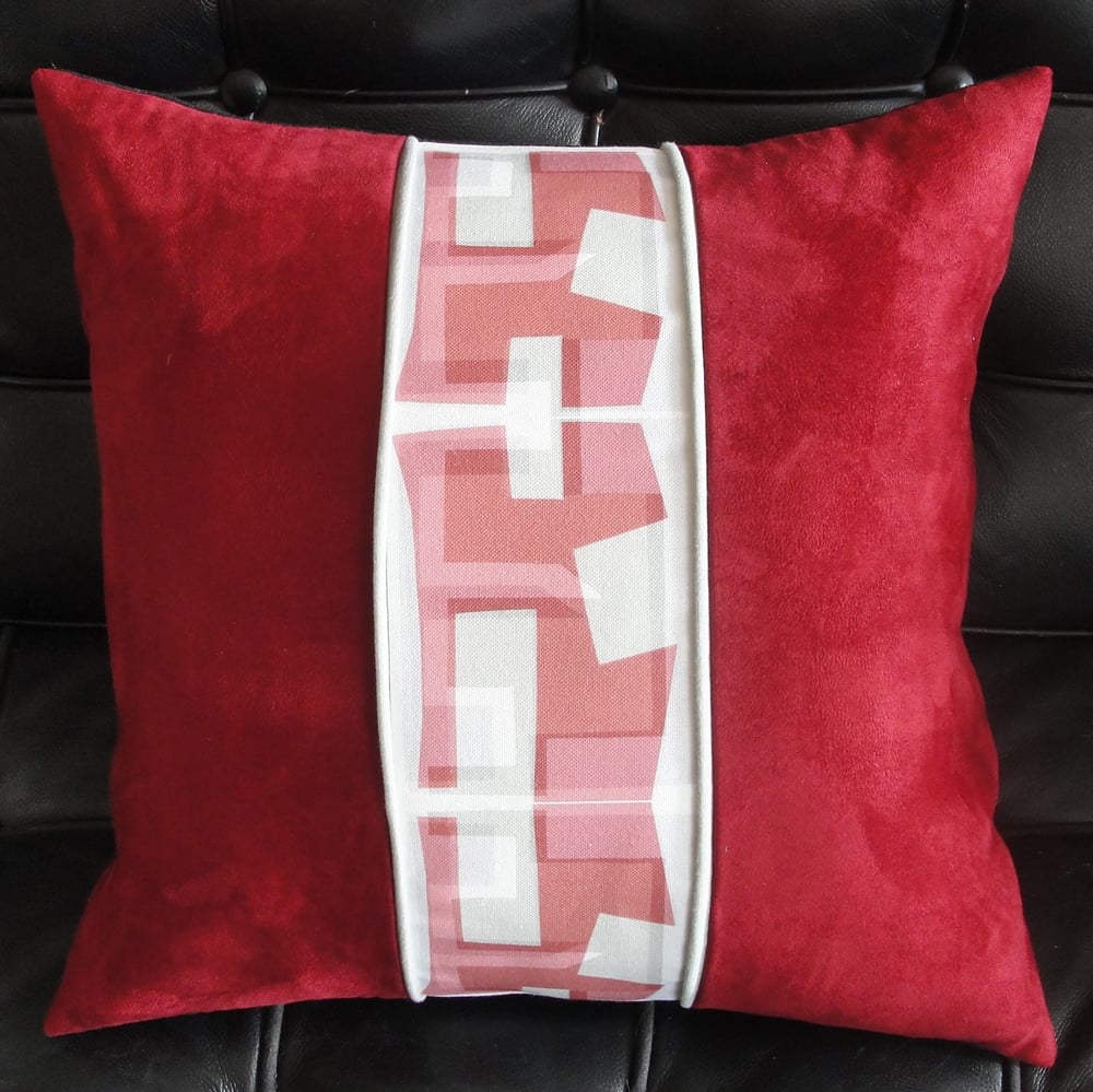 Image of 'Vertical Integrity' red velvet cushion
