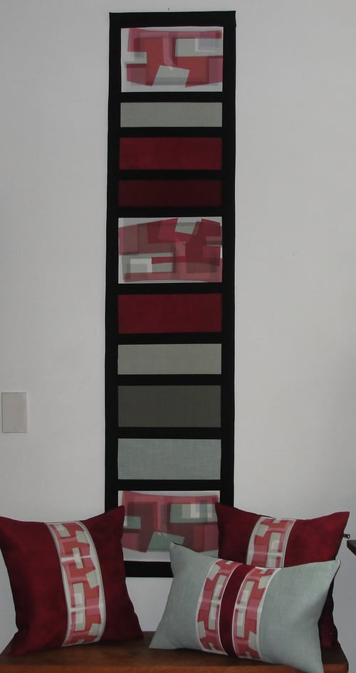 Image of 'Vertical Integrity' red velvet cushion