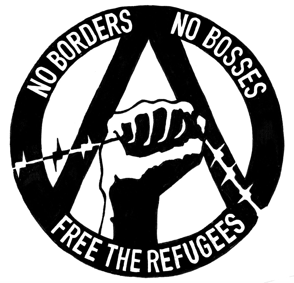 Image of "No Borders No Bosses Free the Refugees" sticker, 10pk