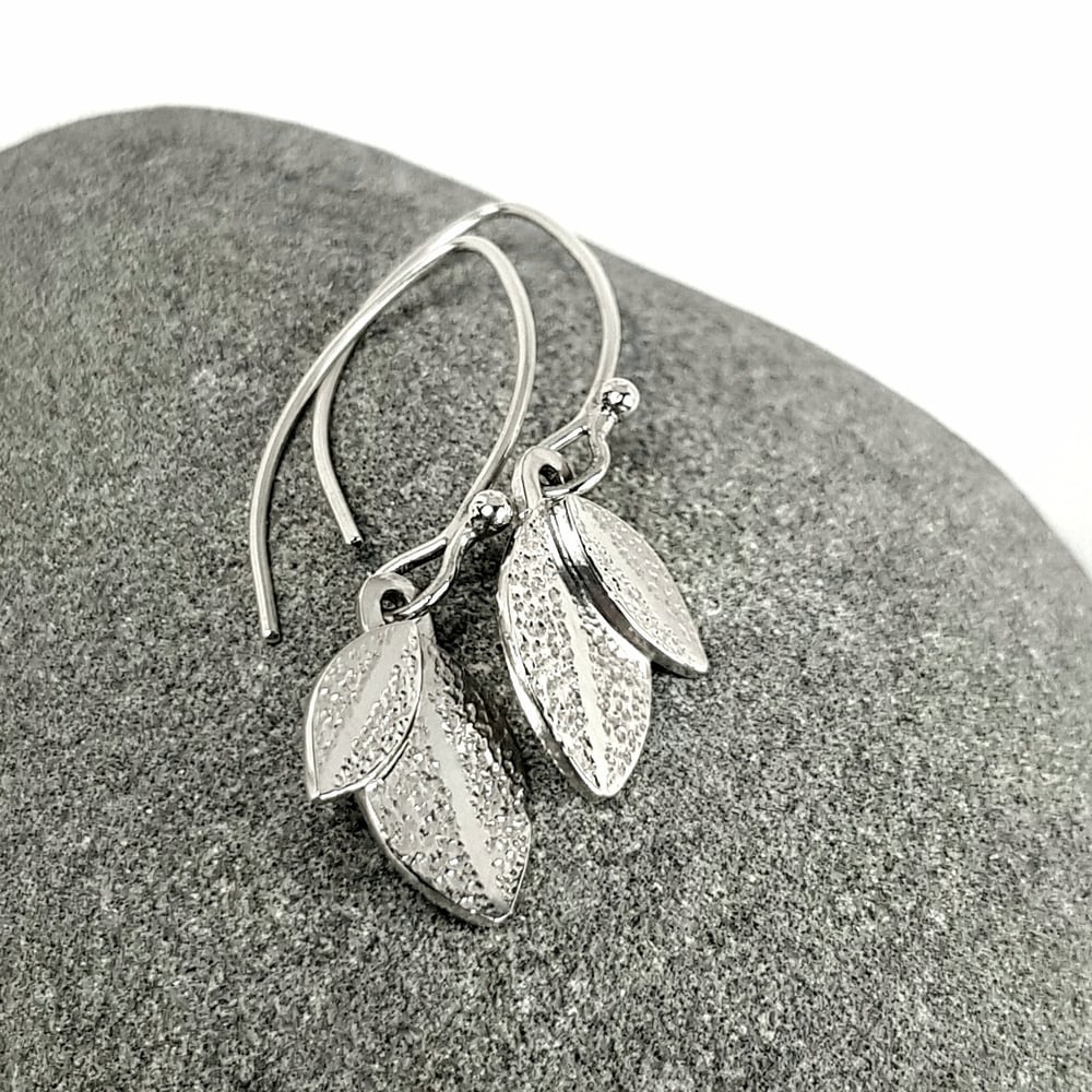 Image of Silver Leaf Earrings, Sterling Silver Dangle Earrings