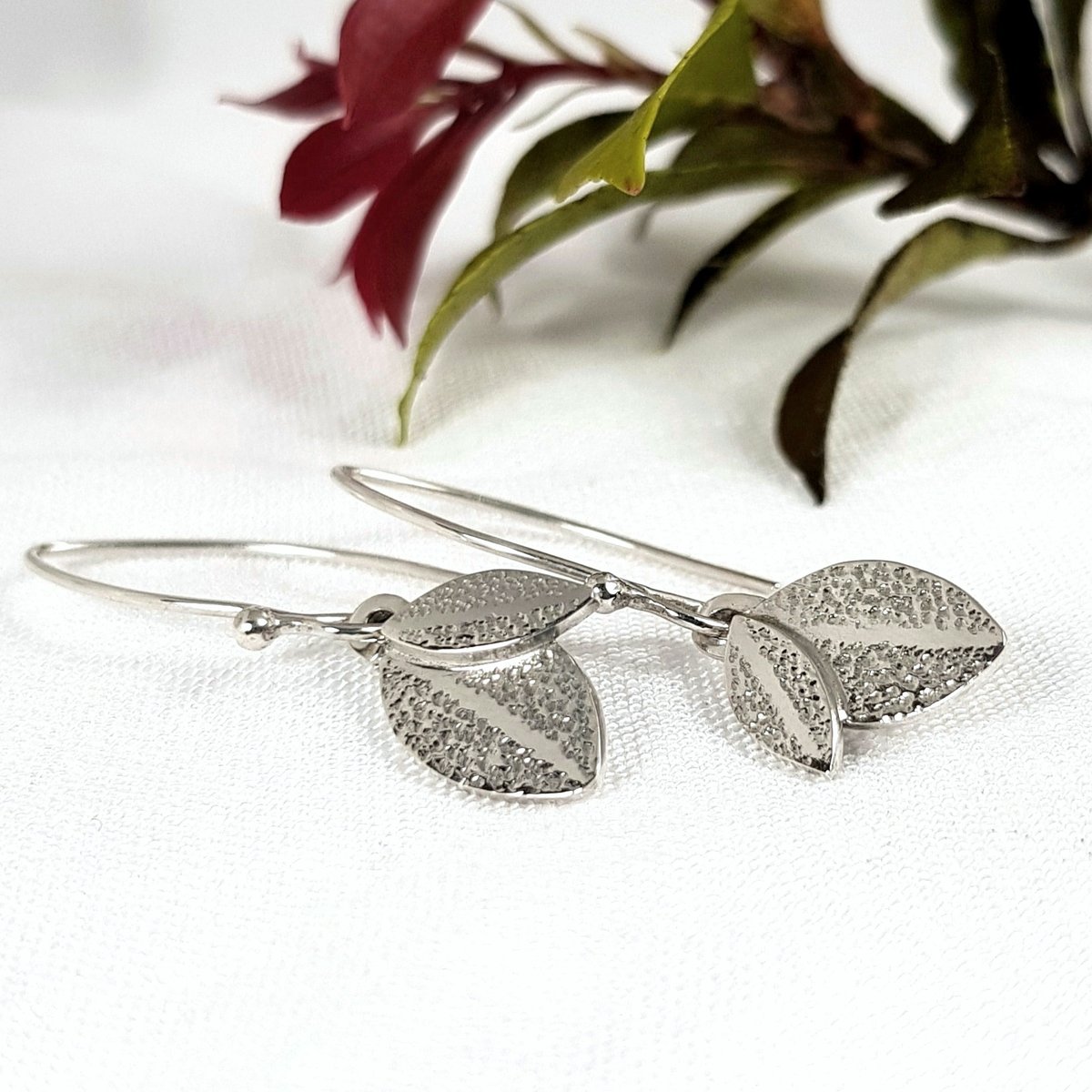 Image of Silver Leaf Earrings, Sterling Silver Dangle Earrings