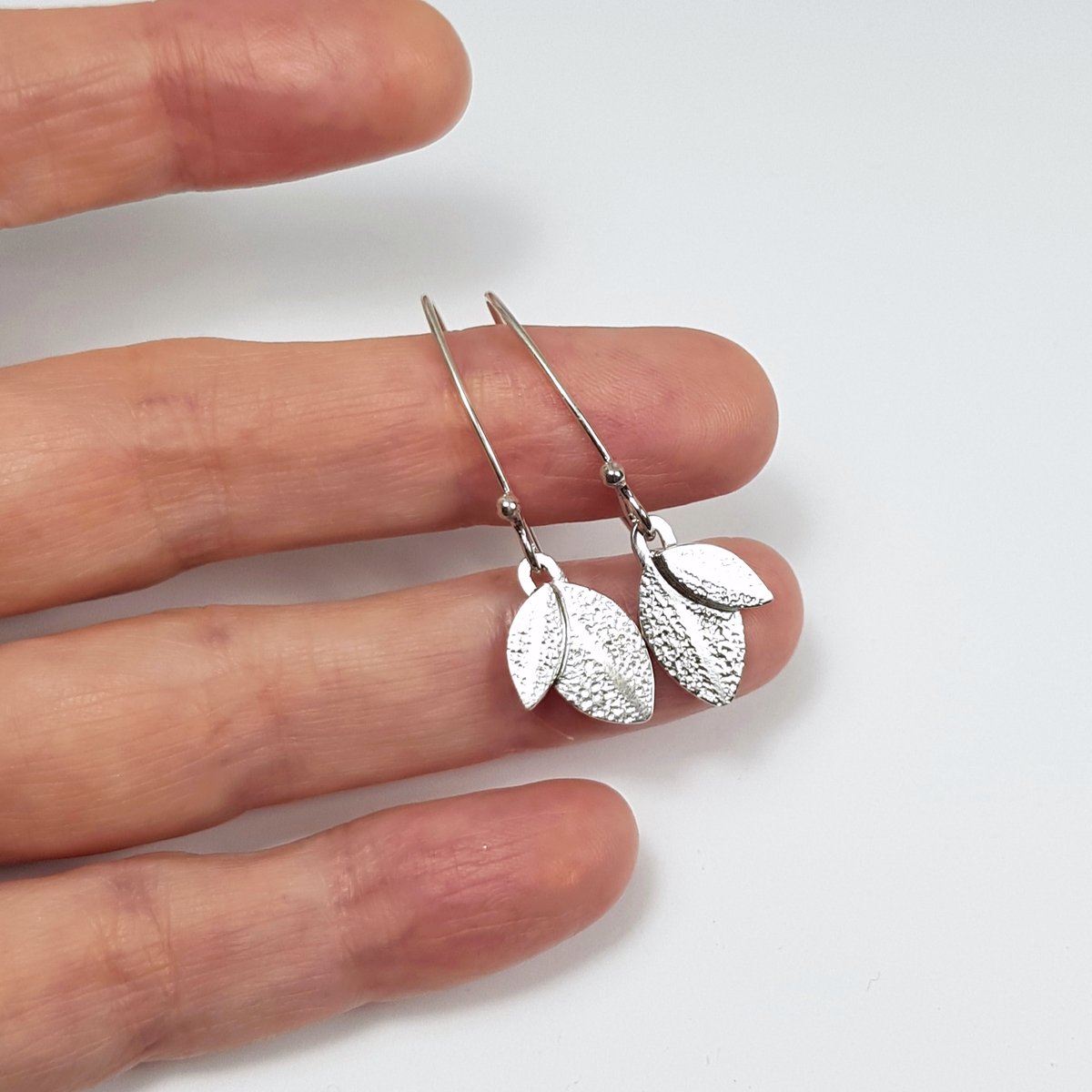 Image of Silver Leaf Earrings, Sterling Silver Dangle Earrings