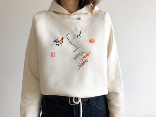 Image of Work smart - Custom hand embroidered hoodie or sweatshirt, color and size of choice, oranic cotton