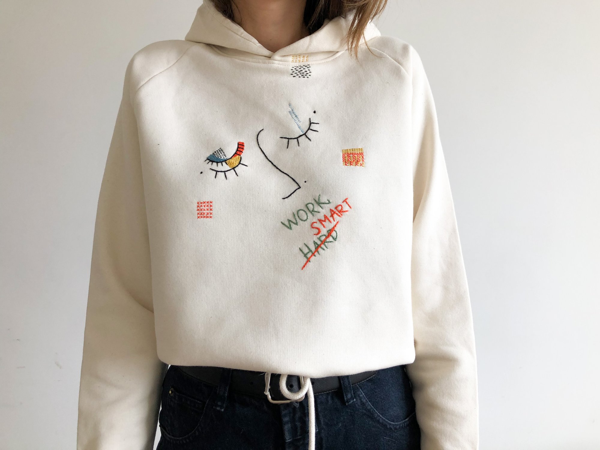 Work smart - Custom hand embroidered hoodie or sweatshirt, color and size  of choice, oranic cotton
