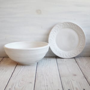 Image of Rustic Modern Planter and Dish, Handmade Pottery Flower Pot in Modern Matte White Glaze, Made in USA