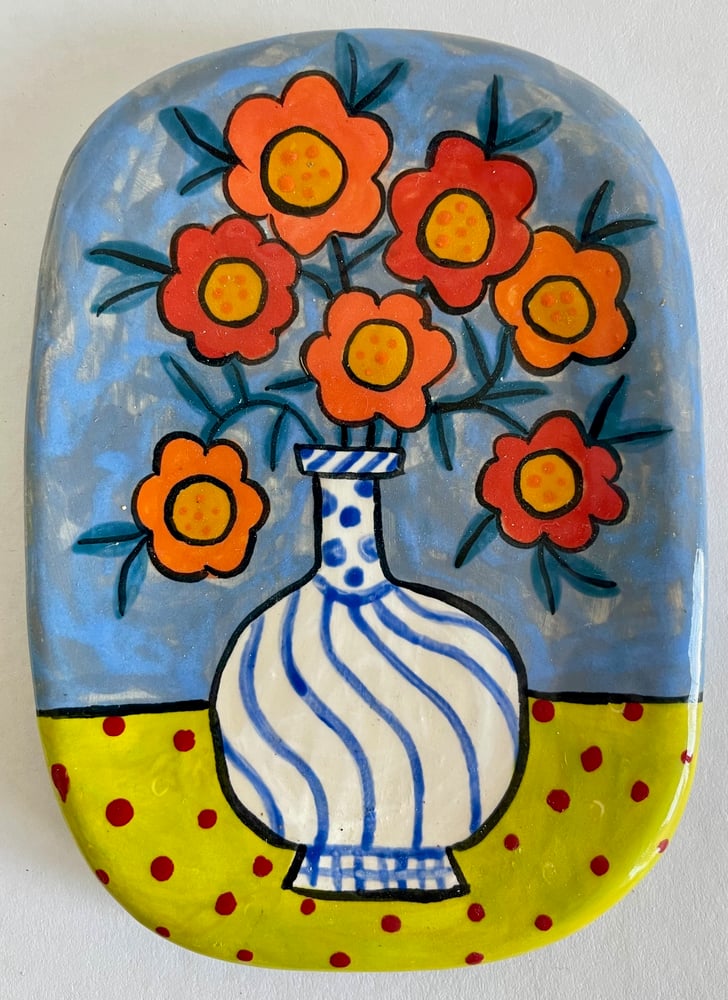 Image of 154 Small Platter with Swirl Vase in Gray Blue, Chartreuse + Orange